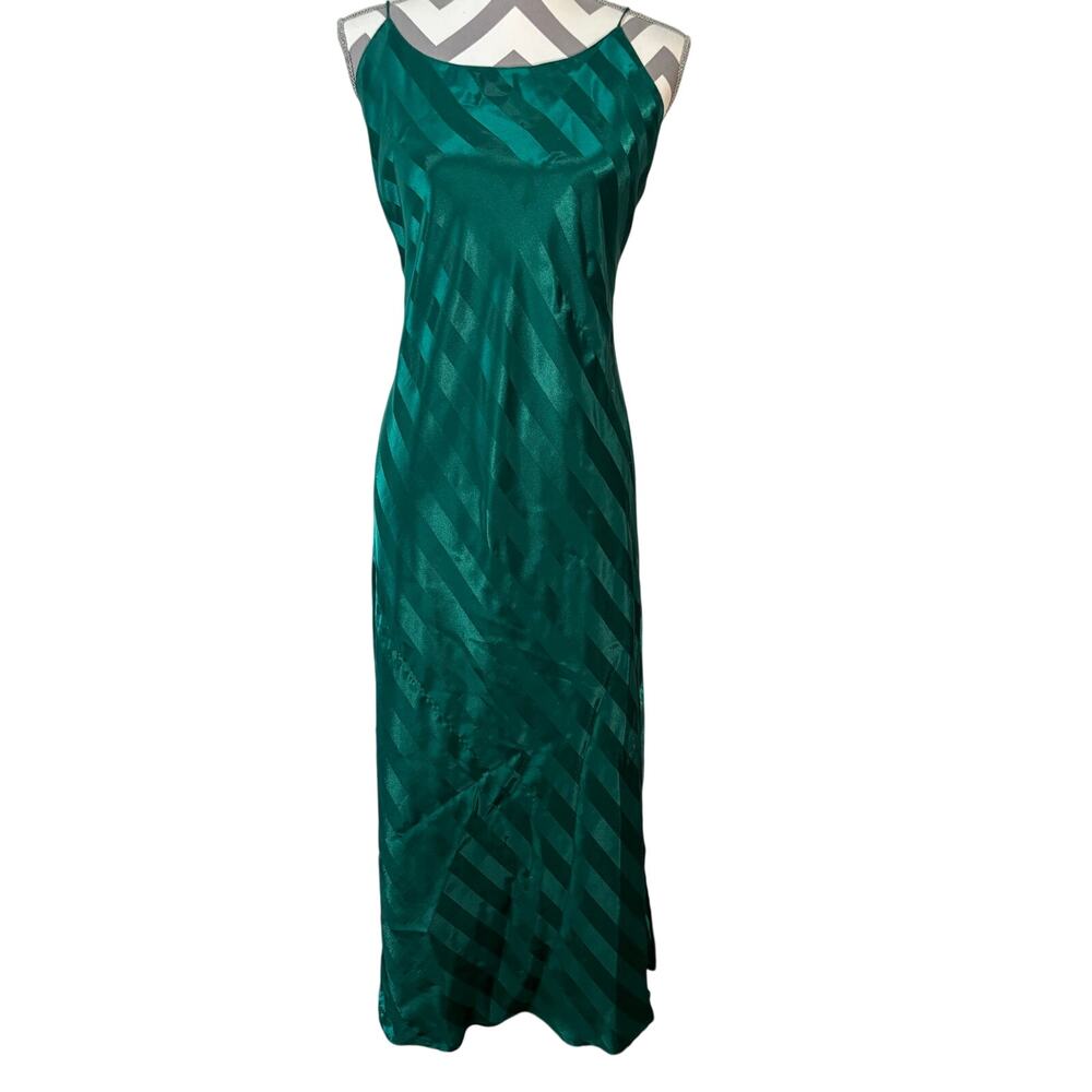 Vintage Victoria Secret Green Satin Striped Slip Dress Women
s Large Gold Label